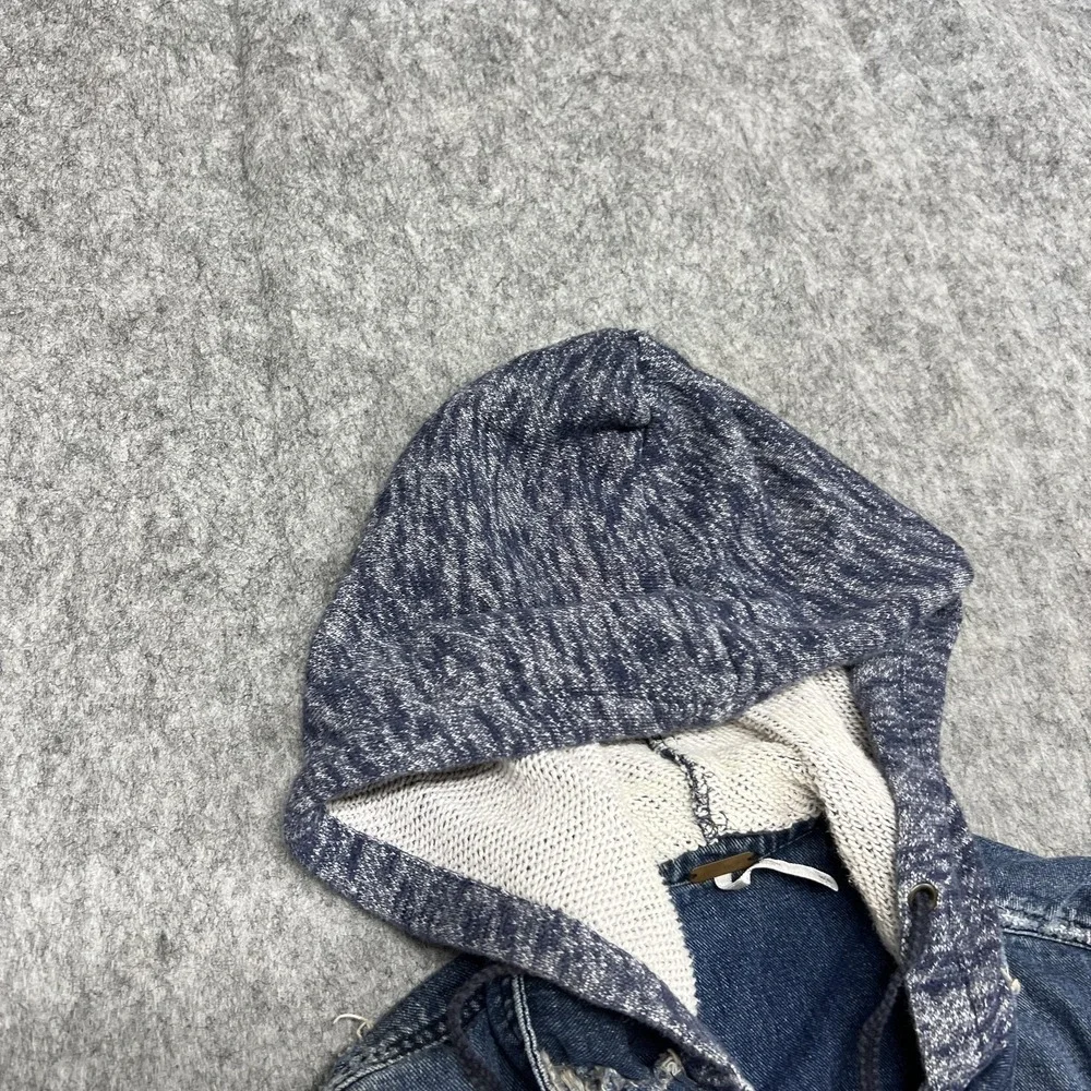 Free People Jacket Womens S Blue Denim Jean Hooded Knit Sleeve Distressed - Picture 7 of 16